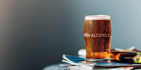 Photo of a cold non-alcoholic beer, with "NON-ALCOHOLIC" elegantly etched on the glass can placed on a stack of sports magazines
