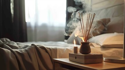 Imagine a tranquil scene in a cozy bedroom, where a bedside table adorned with delicate incense sticks invites you to unwind and relax. This serene tableau exudes a sense of calm and tranquility,