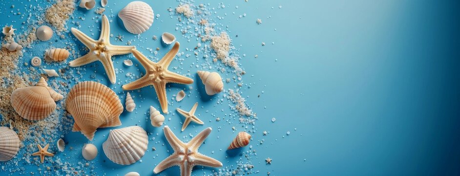Shells, starfish, palm leaves on blue background. Advertising for travel agency. Signboard, banner with space for text. Vacation concept. Quiet luxury. - Powered by Adobe