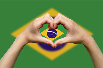 Brazil flag with two hands heart shape, support or donate to Brazil, vector design, express love 