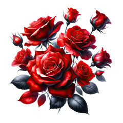 A bouquet of red roses with black leaves on a white background - obrazy, fototapety, plakaty
