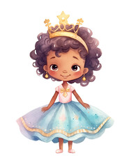 A cute black princess with a gold crown and blue dress - obrazy, fototapety, plakaty
