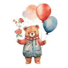 A cute teddy bear in a blue jumpsuit holding a bunch of red roses and three balloons in watercolor style - obrazy, fototapety, plakaty