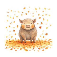 A cute cartoon pig standing on a pile of autumn leaves - obrazy, fototapety, plakaty