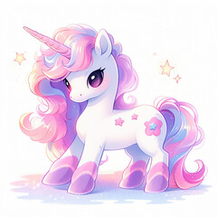 A cute unicorn with pink and purple hair and a starry mane and tail