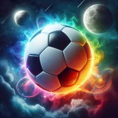 Naklejka premium a photo realistic soccer ball as a planet in space with rainbow smoke and explosions, digital art