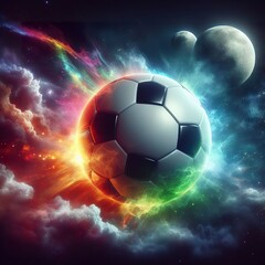 Fototapeta premium a photo realistic soccer ball as a planet in space with rainbow smoke and explosions, digital art