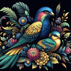 Fototapeta premium Floral artistic image of black background blue yellow magenta green falcon bird with her baby