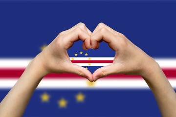Cape Verde flag with two hands heart shape, patriotism and nationalism idea, hand heart love sign