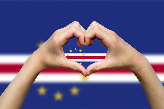 Cape Verde flag with two hands heart shape, patriotism and nationalism idea, hand heart love sign
