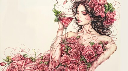 This is a drawing of a woman who's wearing a dress made of pink roses. She's drinking from a martini glass and there are roses in her hair. The background is white.

