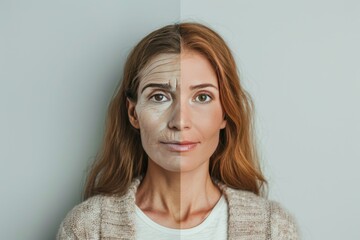 Obraz premium Anti aging discussions on cosmetics transitions explore fine lines reduction in right-half settings,ging elasticity and visual representation improvements.