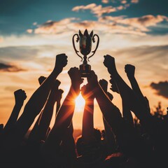 silhouette of the hands of a group in a sunset with an award