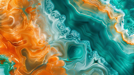 Swirling Alcohol Ink in Orange and Teal with Agate-Like Texture, High Resolution.