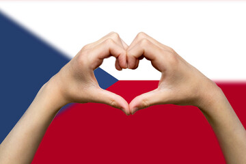 Czech Republic flag with two hands heart shape, hand heart love sign, support or donate to Czech 
