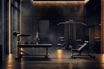 Expensive Fitness Equipment on Dark Background. Sleek and Modern Design Home Gym. 
