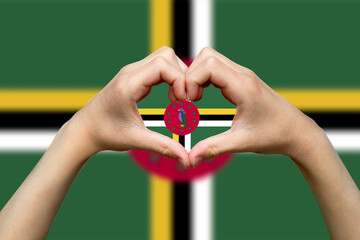 Dominica flag with two hands heart shape, express love or affection concept, support or donate 