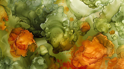 Rust Orange and Olive Green Alcohol Ink Swirls, Ultra High Definition Marble Texture.