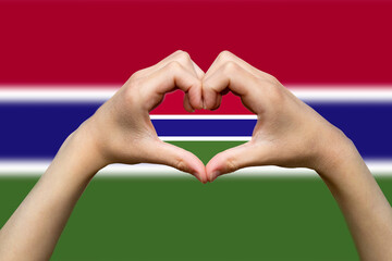 Gambia flag with two hands heart shape, vector design, support or donate to Gambia, patriotism 
