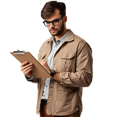 An event planner with a clipboard, overseeing event details, on a transparent background.