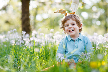 Little kid boy with Easter bunny ears, outdoors