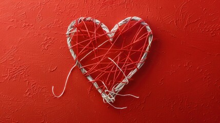 A heart shaped symbol is created on a red background using red and white string