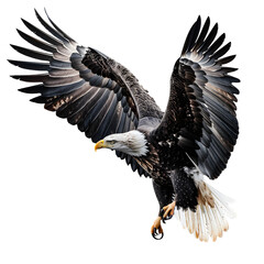 A proud eagle in flight, wings spread wide, showcasing power, on a transparent background.