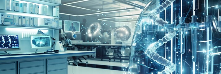 Close up futuristic bioengineering lab background for tests using flasks and test tubes as well as AI digital technology for experiments using state of the art equipment