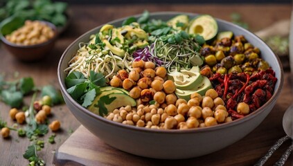 Vegan Buddha bowl with chickpeas, courgette, sundried tomatoes and sprouts
