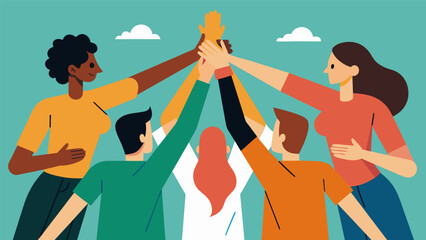 A diverse group of people joining hands in unity representing the ongoing struggle and triumph of freedom over slavery.. Vector illustration