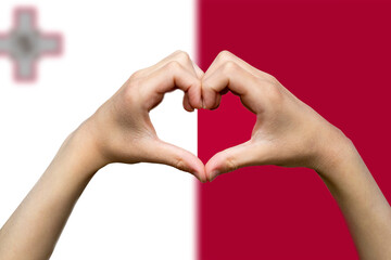 Malta flag with two hands heart shape, vector design, support or donate to Malta, hand heart love 