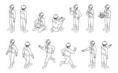 アイソメトリックイラスト:作業員アウトライン(モノクロ)