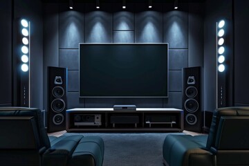 Home Theater on Dark Background. Sleek and Modern Design High-End Entertainment System.