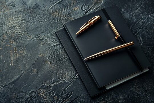 Elegance in Details: A composition of sleek, black notebooks and gold pens. captured in a high-angle shot, exuding an air of sophistication and attention to detail. - Powered by Adobe
