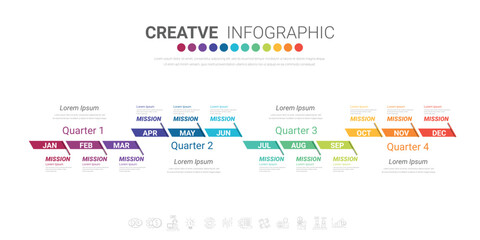 Infographic quarterly template for presentation 12 months in 4 quarter can be used for workflow layout, process diagram, flow chart.