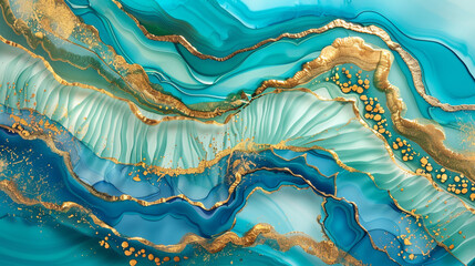 Agate Ripples with Glossy Finish in Vibrant Turquoise and Soft Gold Alcohol Ink, High Definition.