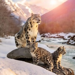 majestic mother snow leopard and cubs