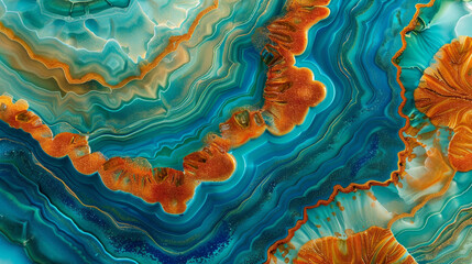 Agate Glossy Surface in Teal Blue and Bright Orange Alcohol Ink.