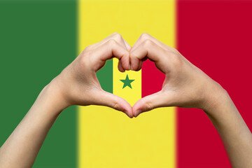 Senegal flag with two hands heart shape, express love or affection concept, vector design, support 