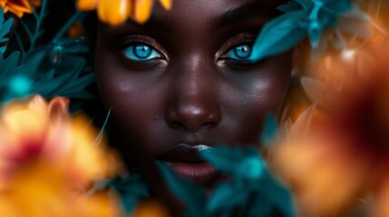 a black woman with blue eyes  is surrounded by flowers.