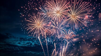 Fireworks light up the night sky, celebrating amidst festivities Bright, colorful bursts mark the event, a jubilant display of light and joy