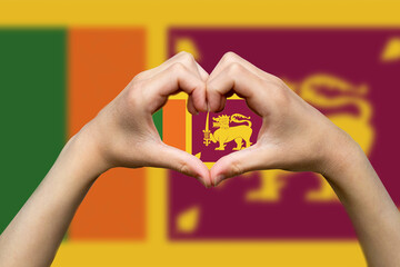 Sri Lanka flag with two hands heart shape, hand heart love sign, express love or affection concept