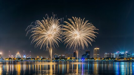 Fireworks illuminate the city and reflect on the river, celebrating amidst vibrant colors and festivity on a holiday night