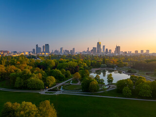 A beautiful panoramic view of the sunrise in a fabulous spring morning at Pola Mokotowskie in...