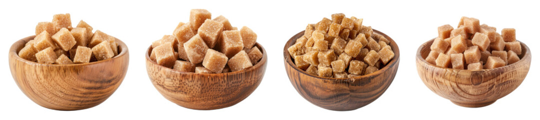 Brown sugar cubes in wooden bowl, PNG set