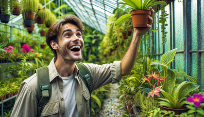  joyful botanist in a lush greenhouse, surrounded by exotic plants and flowers