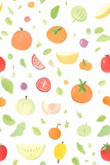 A colorful painting of fruits and vegetables with a bright and cheerful mood