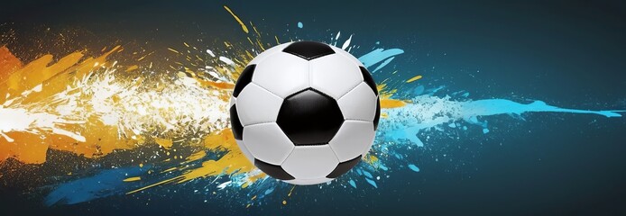 Soccer ball on a blue background, blue yellow splashes of paint, Dynamic and bright illustration. Concept football poster, design, banner. Wide panoramic view. Copy space , Euro 2024