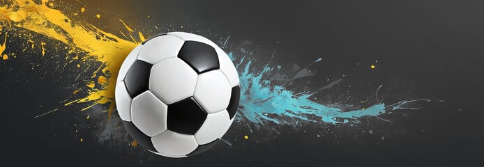 Soccer ball on a grey background, blue yellow splashes of paint, Dynamic and bright illustration. Concept football poster, design, banner. Wide panoramic view. Copy space , Euro 2024