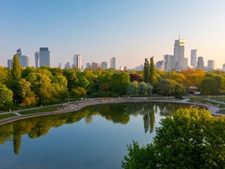 A beautiful panoramic view of the sunrise in a fabulous spring morning at Pola Mokotowskie in Warsaw, Poland - "Mokotow Field" is a large park in Warsaw.